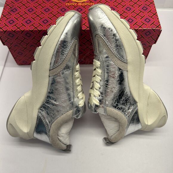Tory Burch Good Luck Trainer Metallic Silver Leather Womens 5 New in Box - Picture 6 of 11